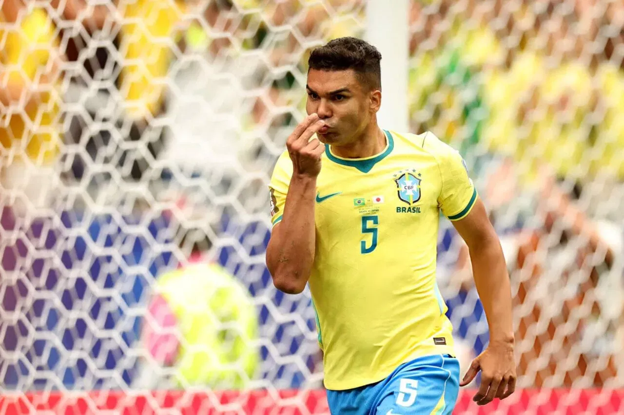 HOUSTON, TEXAS - JUNE 29: Casemiro #5 of Brazil celebrates scoring his team's first goal during the FIFA World Cup 2026 Round Of 32 match between Brazil and Japan at Houston Stadium on June 29, 2026 in Houston, Texas. (Photo by Michael Regan - FIFA/FIFA via Getty Images)