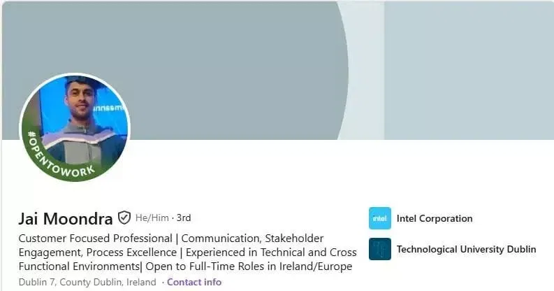 Jai Moondra's Linkedin profile shows 'Open to Work'