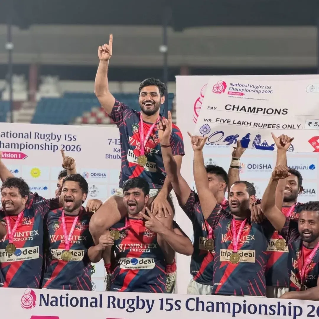 Mohit Khatri celebrates after winning Rugby 15s National Championship with the Delhi Hurricanes