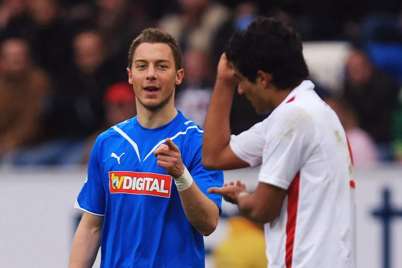 SINSHEIM, GERMANY - FEBRUARY 26: Matthias Jaissle (L, Hoffenheim) im Zwiegespraech mit Sami Allagui (Mainz) waehrend des Bundesligaspiels zwischen 1899 Hoffenheim und dem FSV Mainz 05 in der Rhein-Neckar-Arena on February 26, 2011 in Sinsheim, Germany.  (Photo by Alex Grimm/Getty Images for DFL) *** Local Caption *** Matthias Jaissle; Sami Allagui