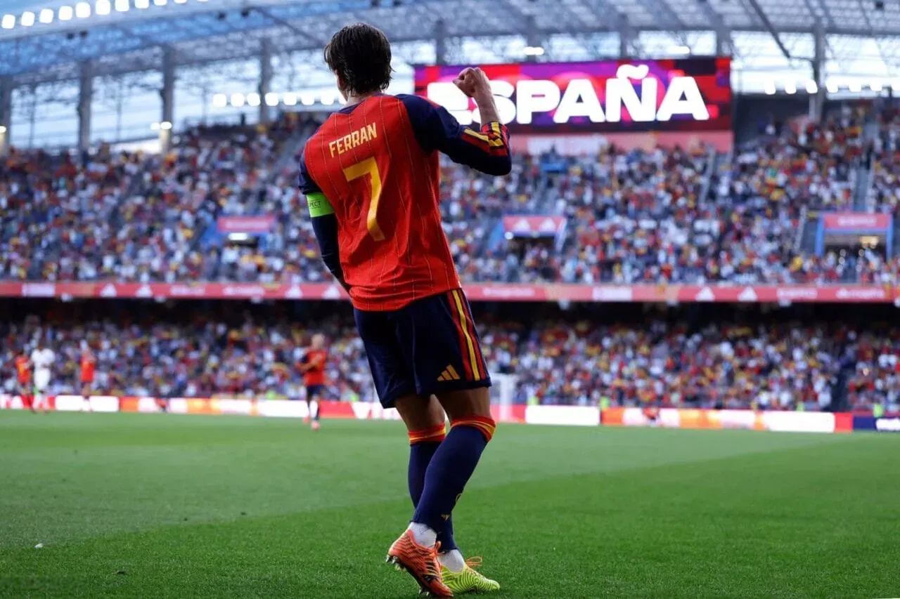 A CORUNA, SPAIN - JUNE 4: Ferran Torres of Spain celebrates 1-0 during the International Friendly match between Spain v Iraq at the Riazor on June 4, 2026 in A Coruna Spain (Photo by Maria Gracia Jimenez/Soccrates/Getty Images)