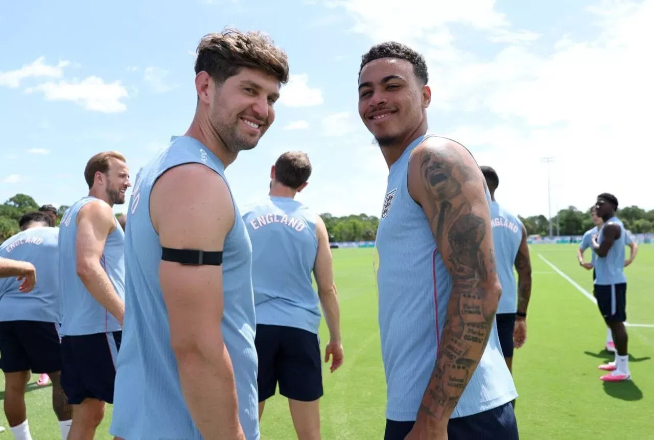 WEST PALM BEACH, FLORIDA - JUNE 05: John Stones and Morgan Rogers of England react during a training session on June 05, 2026 in West Palm Beach, Florida. (Photo by Eddie Keogh - The FA/The FA via Getty Images)