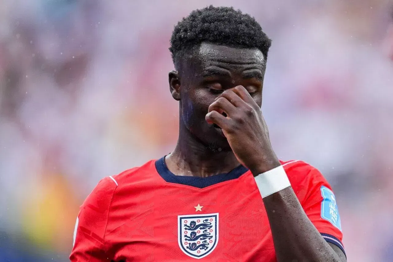 EAST RUTHERFORD, NEW JERSEY - JUNE 27: Bukayo Saka of England reacts during the FIFA World Cup 2026 Group L match between Panama and England at New York New Jersey Stadium on June 27, 2026 in East Rutherford, New Jersey. (Photo by Daniela Porcelli/Getty Images)
