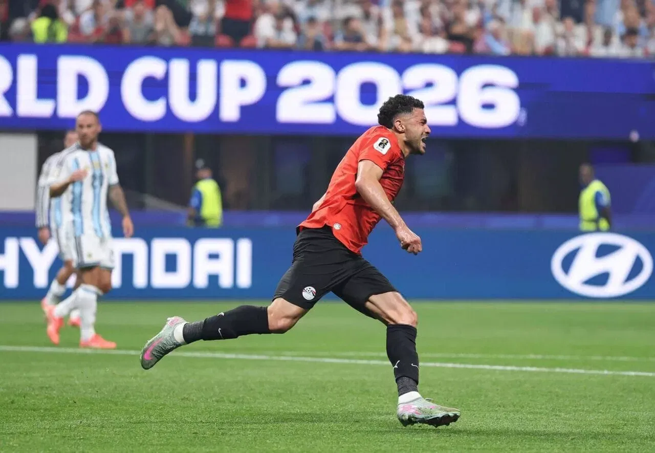 Egypt's defender #02 Yasser Ibrahim celebrates after scoring his team's first goal during the 2026 World Cup round of 16 football match between Argentina and Egypt at Atlanta Stadium in Atlanta on July 7, 2026. (Photo by Odd ANDERSEN / AFP via Getty Images)