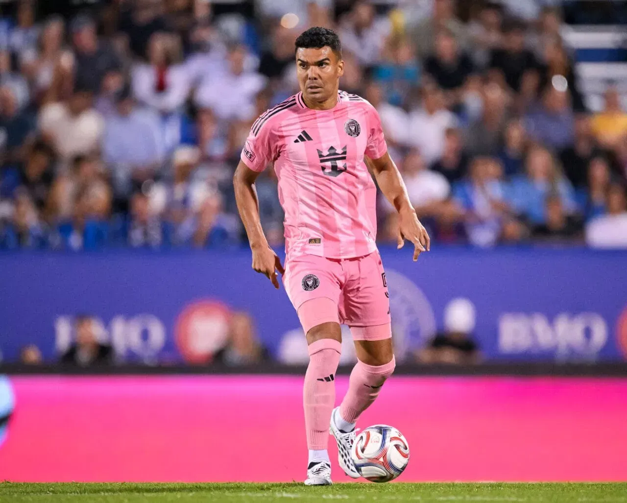 MONTREAL, CANADA - JULY 25: Casemiro #5 of Inter Miami CF controls the ball against CF Montréal during the second half at Saputo Stadium on July 25, 2026 in Montreal, Canada. (Photo by Tim Austen/Getty Images)