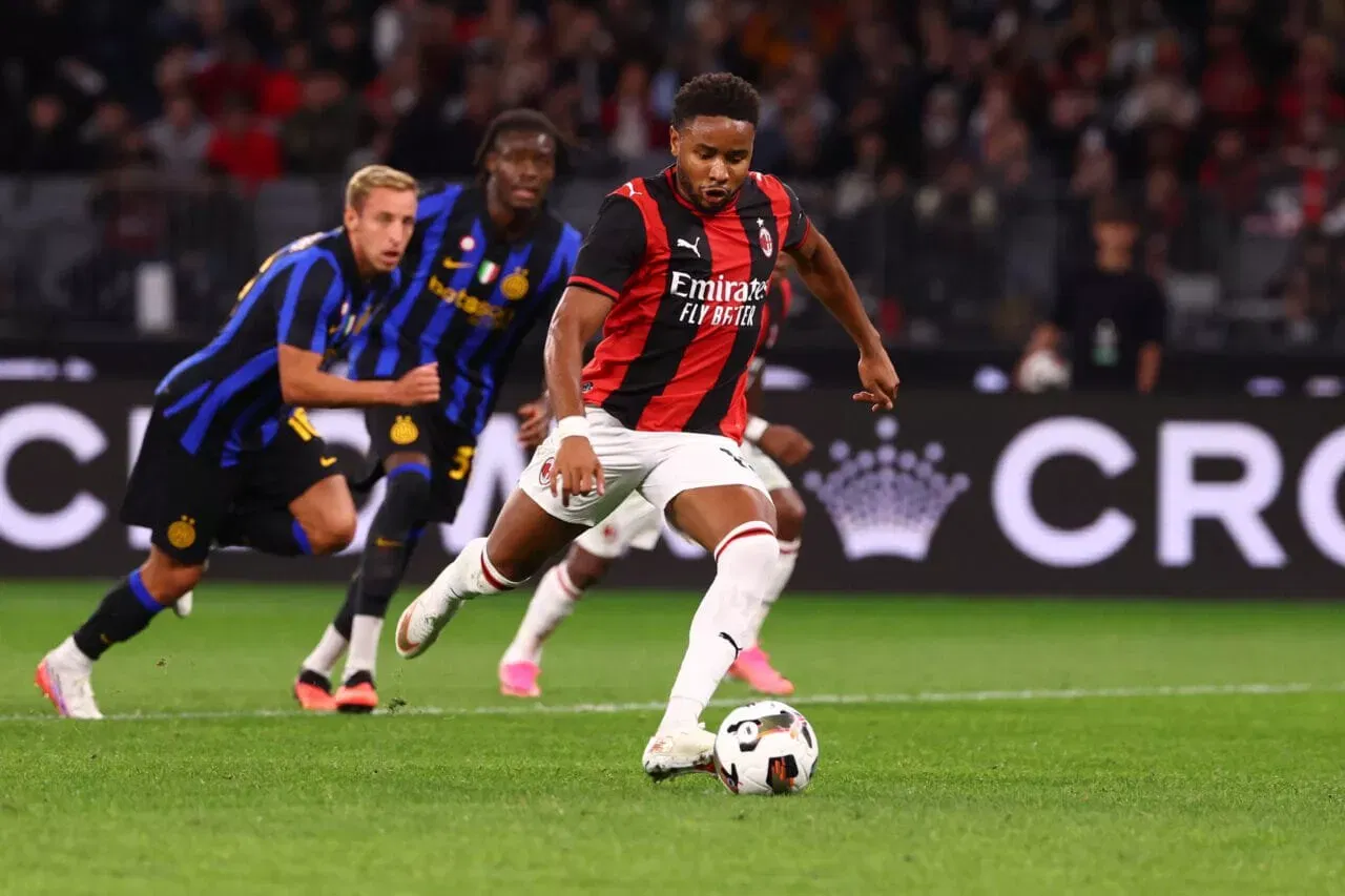 PERTH, AUSTRALIA - AUGUST 05: Christopher Nkunku of AC Milan scores his team's equalizing goal with penalty during the pre-season match between AC Milan and FC Internazionale at Optus Stadium on August 05, 2026 in Perth, Australia. (Photo by Giuseppe Cottini/AC Milan via Getty Images)