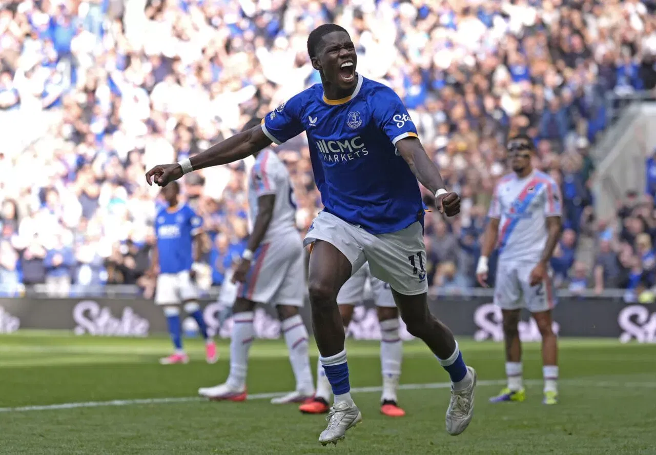 Everton's Thierno Barry celebrates scoring their side's second goal of the game during the Premier League match at the Hill Dickinson Stadium, Liverpool. Picture date: Saturday August 22, 2026. (Photo by Peter Byrne/PA Images via Getty Images)
