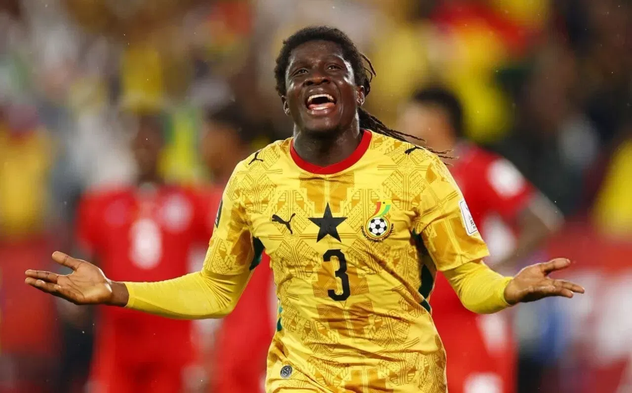 TORONTO, ONTARIO - JUNE 17: Caleb Yirenkyi #3 of Ghana celebrates after scoring his team's first goal during the FIFA World Cup 2026 Group L match between Ghana and Panama at Toronto Stadium on June 17, 2026 in Toronto, Ontario. (Photo by Robert Cianflone/Getty Images)