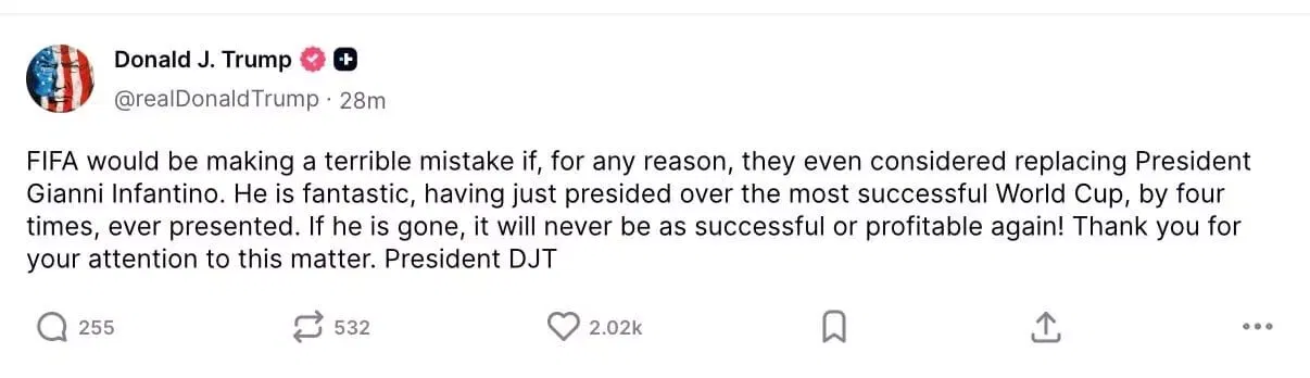 Donald Trump publicly backs Gianni Infantino to remain as FIFA president