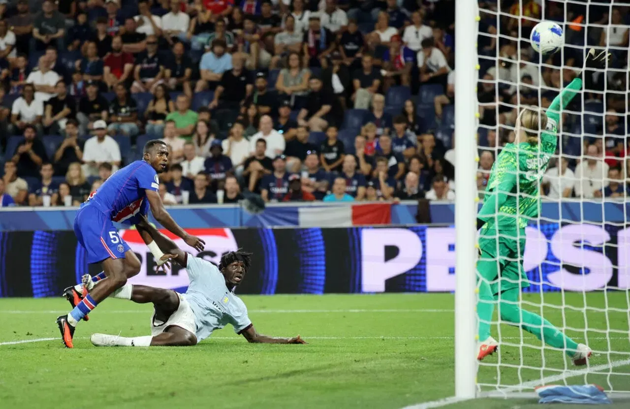 SALZBURG, AUSTRIA - AUGUST 12: Brian Madjo of Aston Villa scores a goal to make the score 1-1 during the UEFA Super Cup 2026 match between Paris Saint-Germain and Aston Villa at Stadion Salzburg on August 12, 2026 in Salzburg, Austria. (Photo by Chris Brunskill/Fantasista/Getty Images)