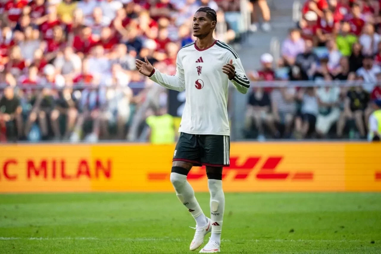 WROCLAW, POLAND - AUGUST 15: Marcus Rashford of Manchester United in action during the pre-season friendly match between AC Milan and Manchester United at Tarczynski Arena on August 15, 2026 in Wroclaw, Poland. (Photo by Ash Donelon/Manchester United via Getty Images)