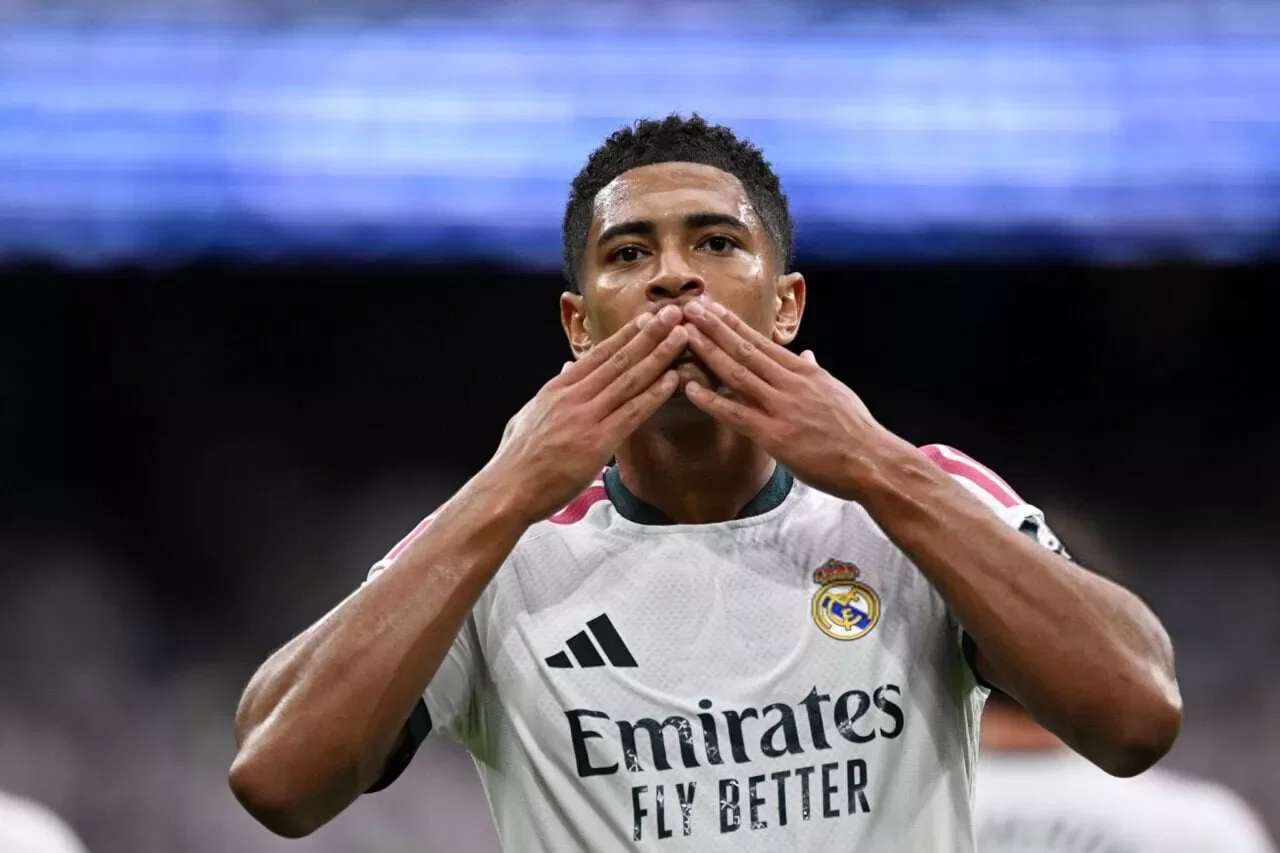 MADRID, SPAIN - AUGUST 30: Jude Bellingham of Real Madrid celebrates scoring his team’s first goal during the LaLiga EA Sports 2026/27 match between Real Madrid and Malaga CF at Estadio Santiago Bernabeu on August 30, 2026 in Madrid, Spain. (Photo by Denis Doyle/Getty Images)
