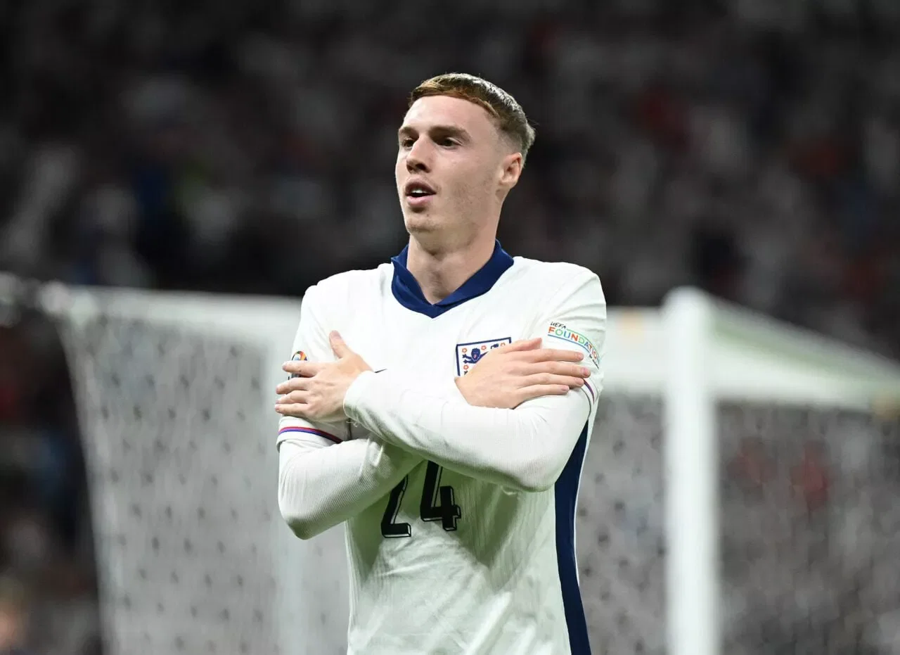 BERLIN, GERMANY - JULY 14: Cole Palmer of England celebrates scoring his team's first goal during the UEFA EURO 2024 final match between Spain and England at Olympiastadion on July 14, 2024 in Berlin, Germany. (Photo by Michael Regan - UEFA/UEFA via Getty Images)