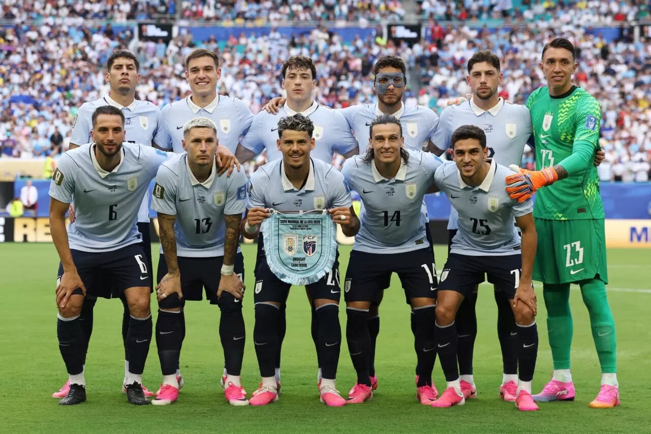 MIAMI GARDENS, FLORIDA - JUNE 21: Uruguay players pose for a team photograph before the FIFA World Cup 2026 Group H match between Uruguay and Cabo Verde at Miami Stadium on June 21, 2026 in Miami Gardens, Florida. (Photo by Lars Baron/Getty Images)