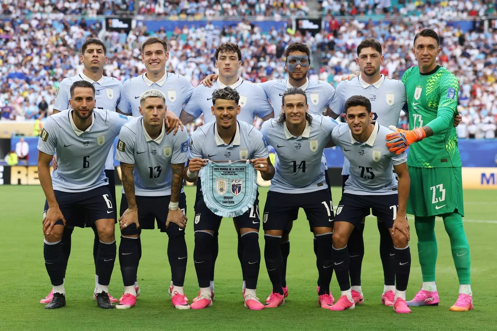 MIAMI GARDENS, FLORIDA - JUNE 21: Uruguay players pose for a team photograph before the FIFA World Cup 2026 Group H match between Uruguay and Cabo Verde at Miami Stadium on June 21, 2026 in Miami Gardens, Florida. (Photo by Lars Baron/Getty Images)
