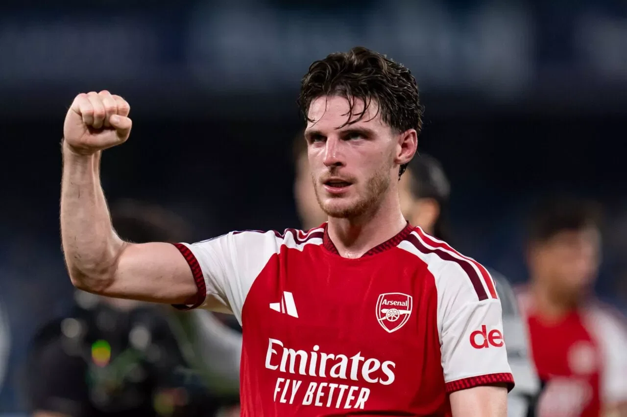 Declan Rice of Arsenal FC celebrates the victory during the UEFA Champions League 2026/27 League Phase MD1 match between SSC Napoli and Arsenal FC at Diego Armando Maradona Stadium on September 09, 2026 in Naples, Italy (Photo by Giuseppe Maffia/NurPhoto via Getty Images)
