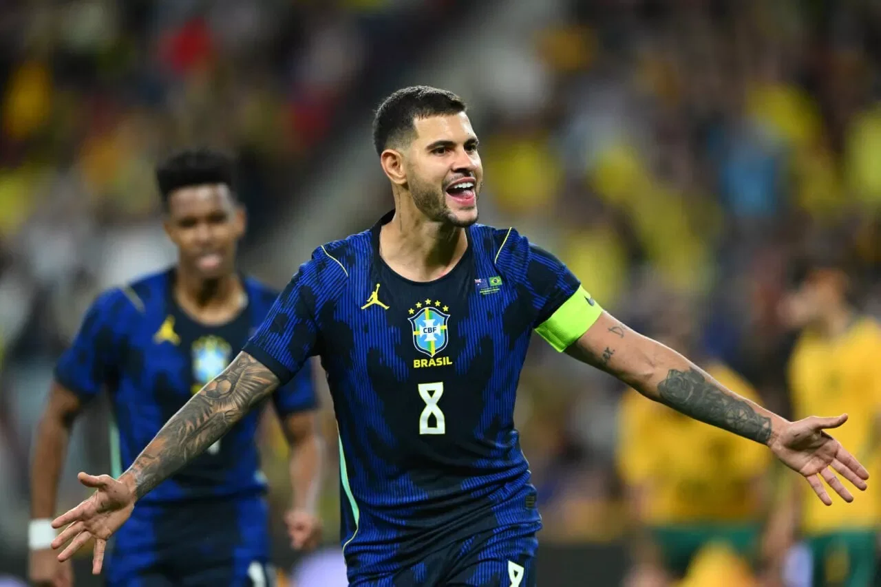 BRISBANE, AUSTRALIA - SEPTEMBER 29: Bruno Guimaraes Rodriguez Moura of Brazil celebrates scoring a goal during the International Friendly match between Australia Socceroos and Brazil at Suncorp Stadium on September 29, 2026 in Brisbane, Australia. (Photo by Matt Roberts/Getty Images)
