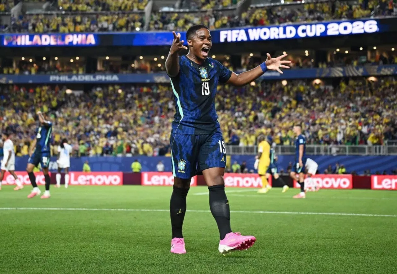 PHILADELPHIA, PENNSYLVANIA - JUNE 19: Endrick #19 of Brazil celebrates a goal that was ruled offside during the FIFA World Cup 2026 Group C match between Brazil and Haiti at Philadelphia Stadium on June 19, 2026 in Philadelphia, Pennsylvania. (Photo by Hannah Peters - FIFA/FIFA via Getty Images)