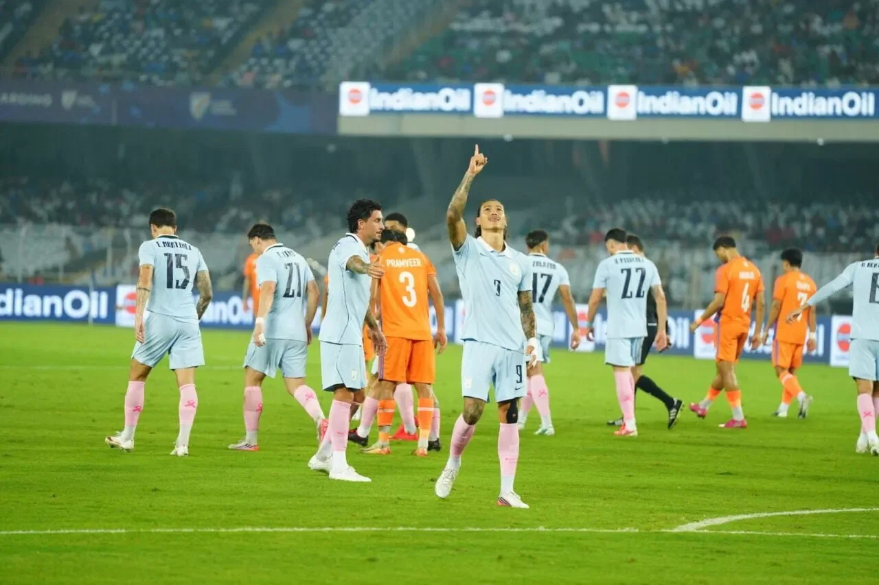 Uruguay’s Darwin Nunez celebrates after scoring against India (Courtesy: Trisham Das/Khel Now)