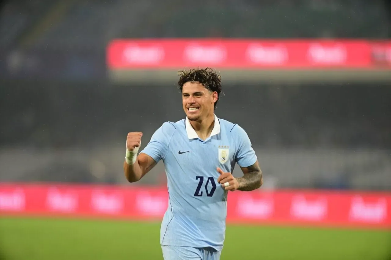 Maximiliano Araujo celebrates after scoring against India (Courtesy: Trisham Das/Khel Now)