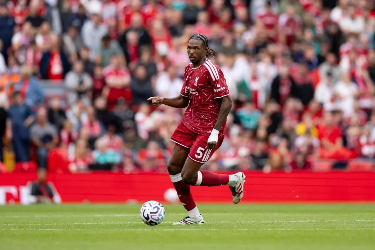 LIVERPOOL, ENGLAND - SEPTEMBER 12: Jérémy Jacquet of Liverpool in action during the Premier League 2026/27 match between Liverpool FC and Fulham at Anfield on September 12, 2026 in Liverpool, England. (Photo by Gaspafotos/MB Media/Getty Images)