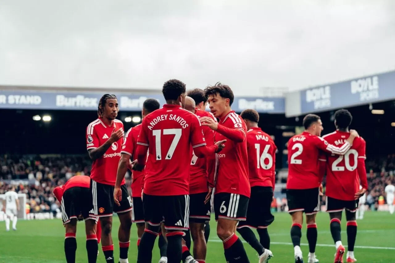 LEEDS, ENGLAND - OCTOBER 18: Bryan Mbeumo of Manchester United celebrates scoring their first goal during the Premier League 2026/27 match between Leeds United and Manchester United at Elland Road on October 18, 2026 in Leeds, England. (Photo by Zohaib Alam/Manchester United via Getty Images)