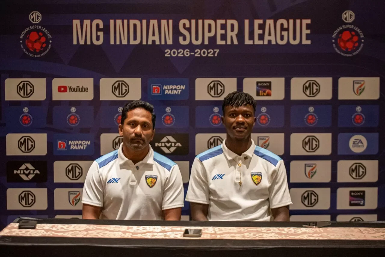 Clifford Miranda and Emmanuel Immanishwime addressing the media ahead of the clash against Mohun Bagan SG