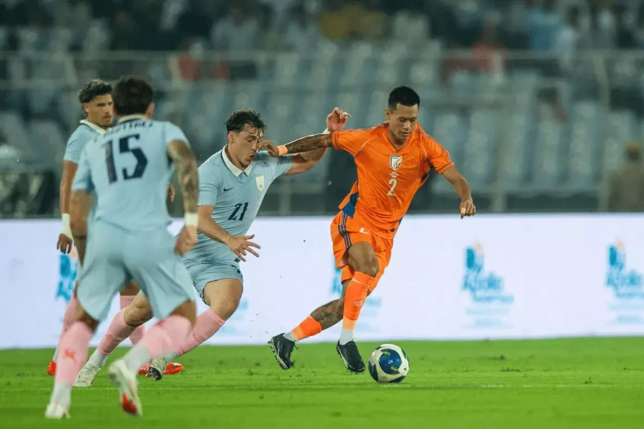 Tekcham Abhishek Singh in action for the Indian NT against Uruguay.