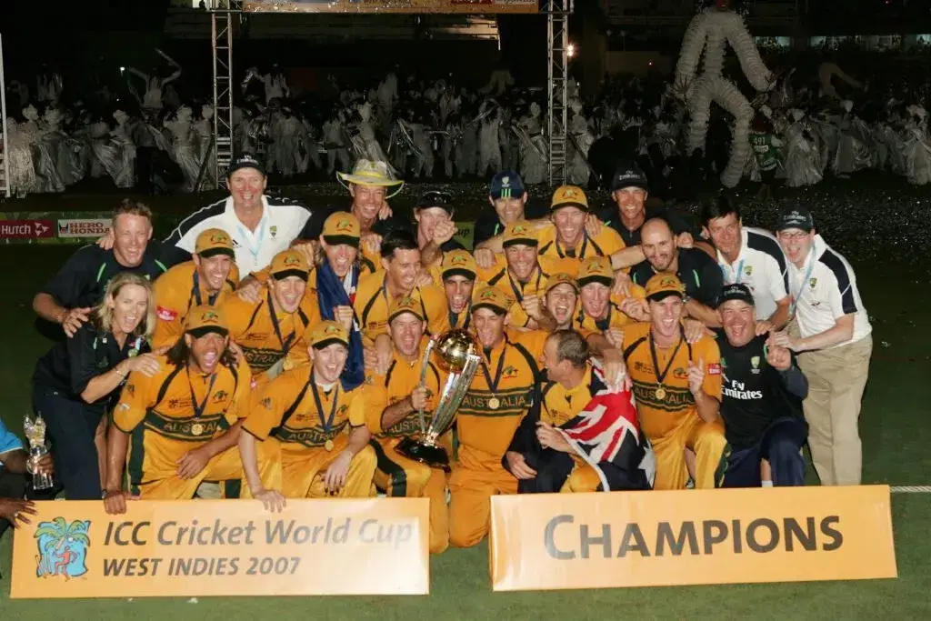 Australian team celebrates winning the 2007 Cricket World Cup Final between Sri Lanka and Australia on April 28, 2007 in Bridgetown, Barbados.