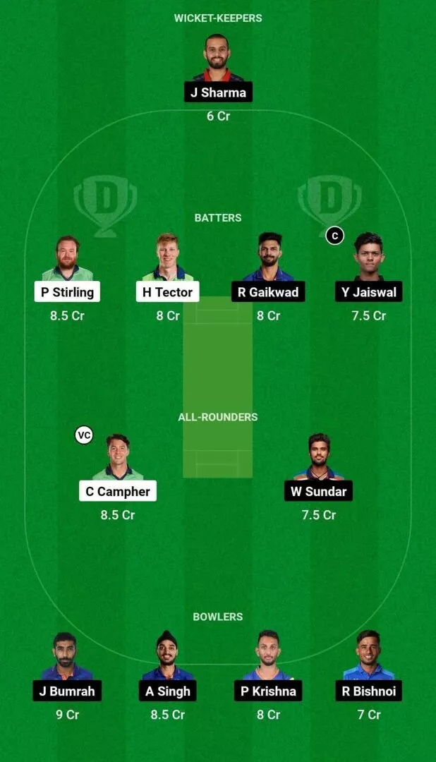 IND vs IRE 1st T20I Dream11 Team 1