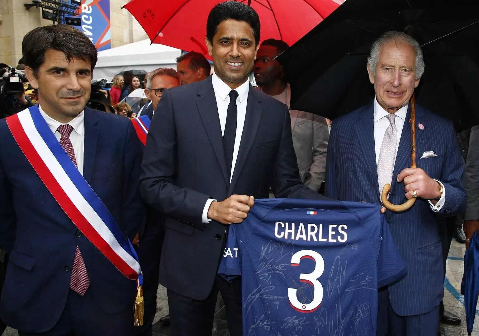 King Charles meets PSG team and Nasser Al-Khelaifi in Paris