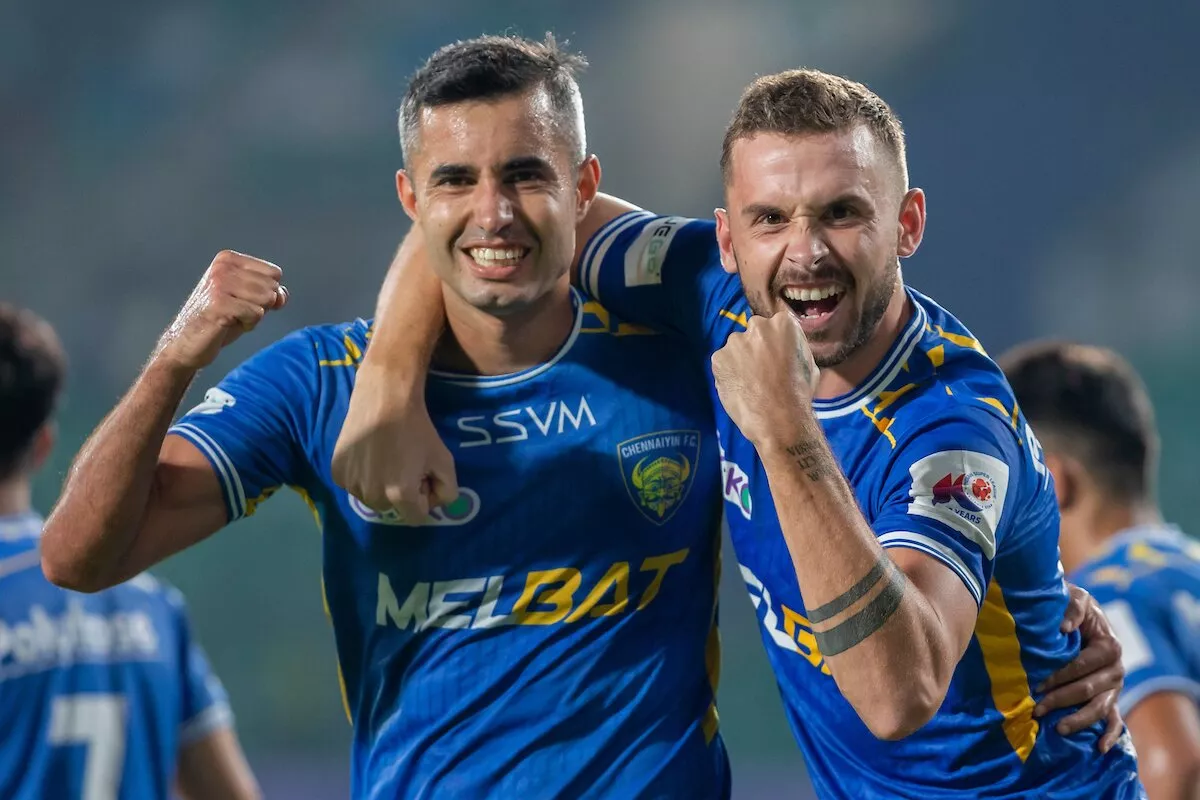 Rafael Crivellaro and Jordan Murray celebrating a goal against Bengaluru FC. (Courtesy: ISL) Chennaiyin FC