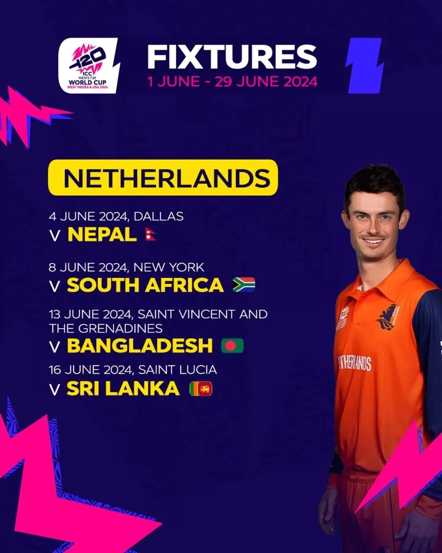 Netherlands Schedule for ICC T20 World Cup 2024, Fixtures, Dates, Venues