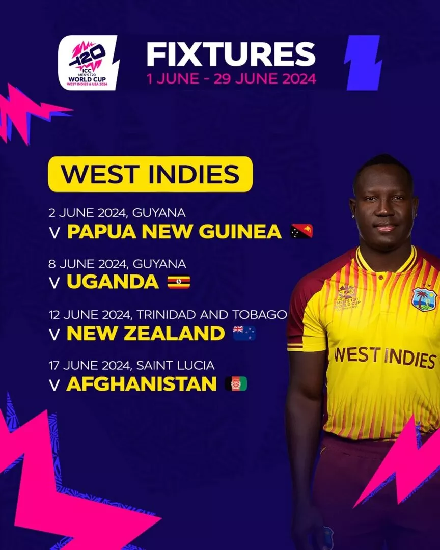 West Indies Schedule for ICC T20 World Cup 2024, Fixtures, Dates, Venues