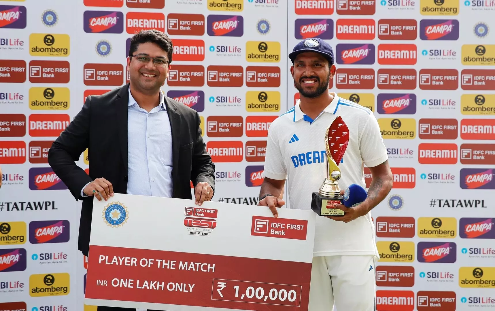 Dhruv Jurel poses with Man of the Match award