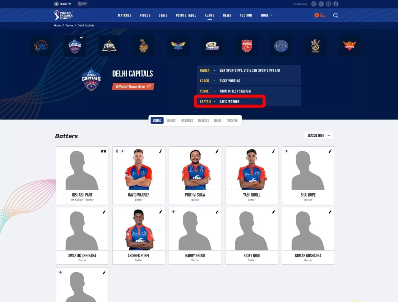 David Warner shown Delhi Capitals' captain in the official IPL website