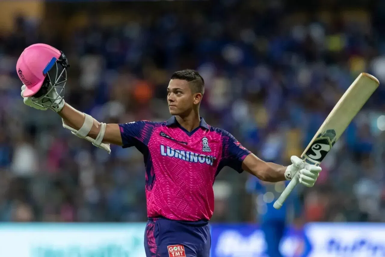 Yashasvi Jaiswal celebrates his maiden IPL hundred