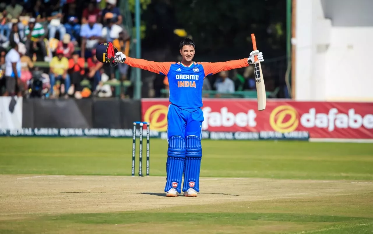 Abhishek Sharma celebrates his T20I hundred