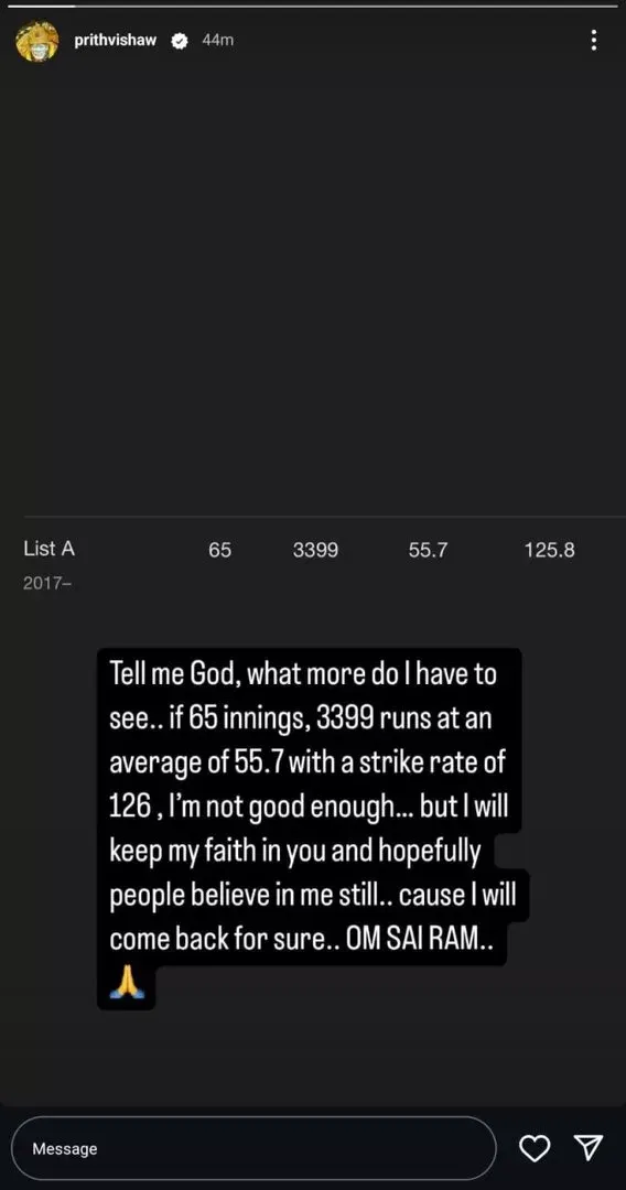 Prithvi Shaw Instagram Story