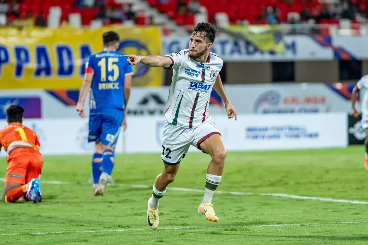 Suhail Ahmad Bhat of Mohun Bagan Super Giant celebrate his goal during their Kalinga Super Cup encounter against Kerala Blasters FC.
(Courtesy: AIFF Media)