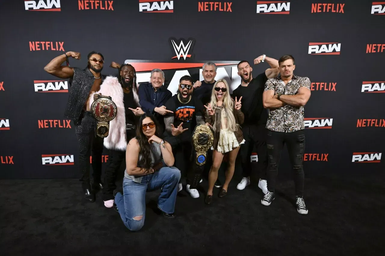 Trick Williams, Kofi Kingston, Ted Sarandos, Co-CEO, Netflix, Raquel Rodriguez, Jey Uso, Nick Khan, President of WWE, Liv Morgan, Austin Theory, and Grayson Waller WWE RAW