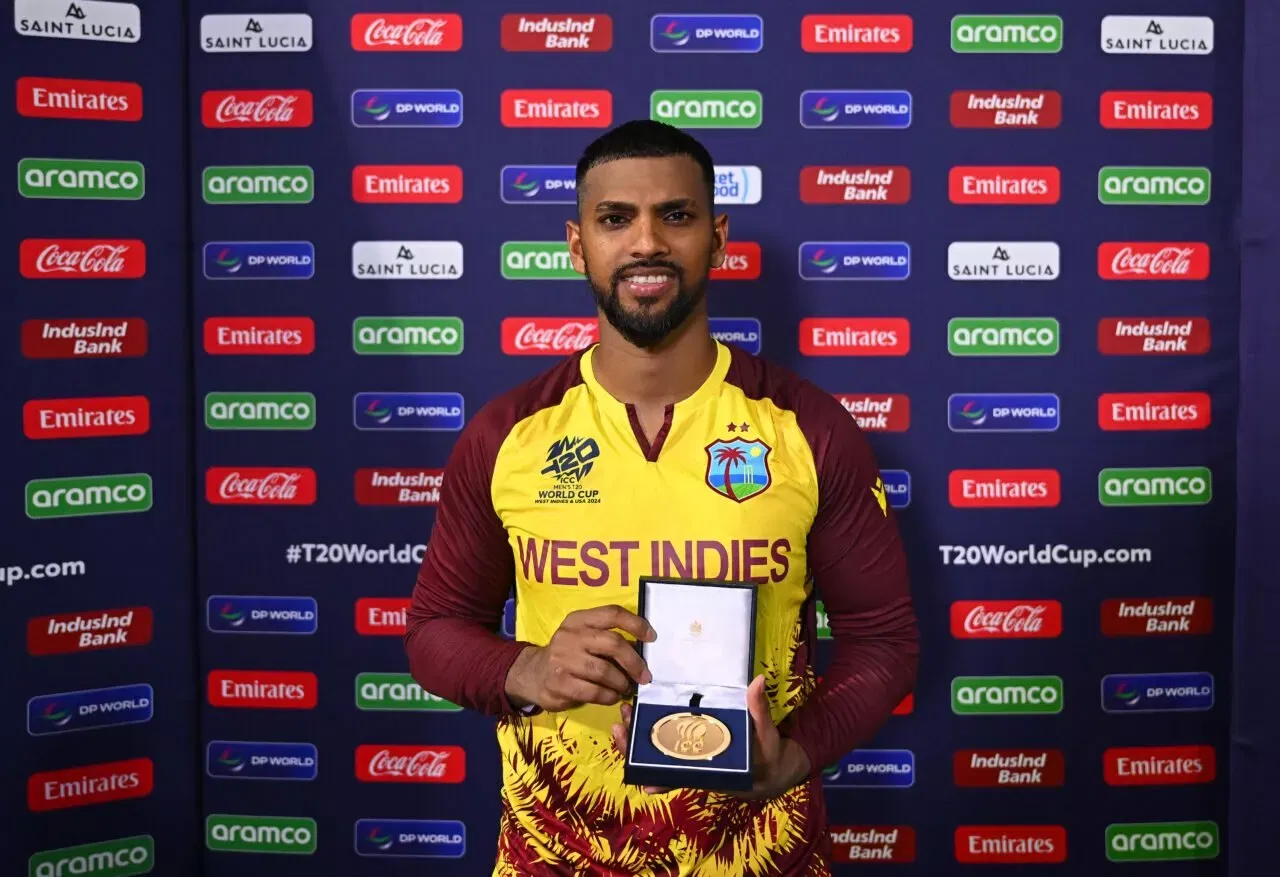 Nicholas Pooran of West Indies poses for a photo with the Player of the Match award