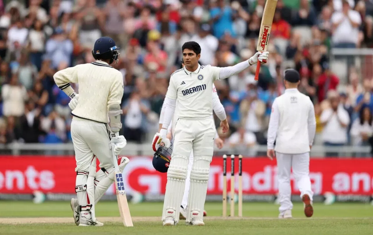 Shubman Gill celebrates his hundred in the Manchester test.