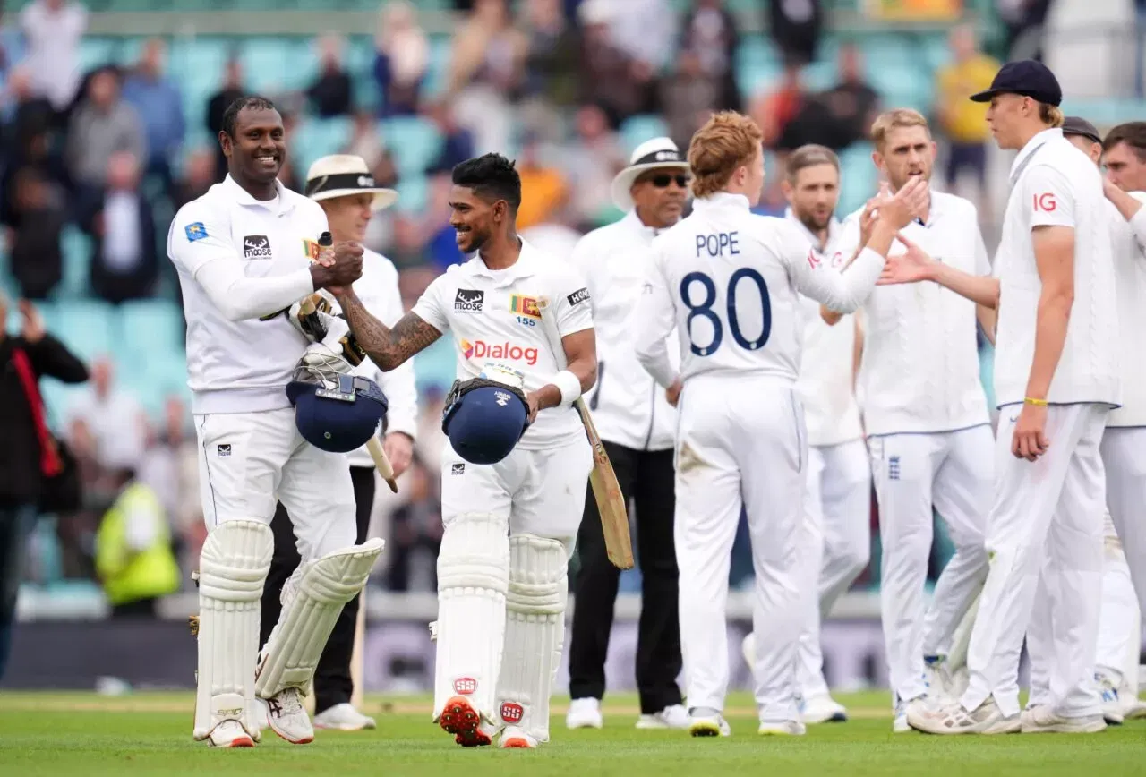 Sri Lanka celebrate their win over England at The Oval in 2024