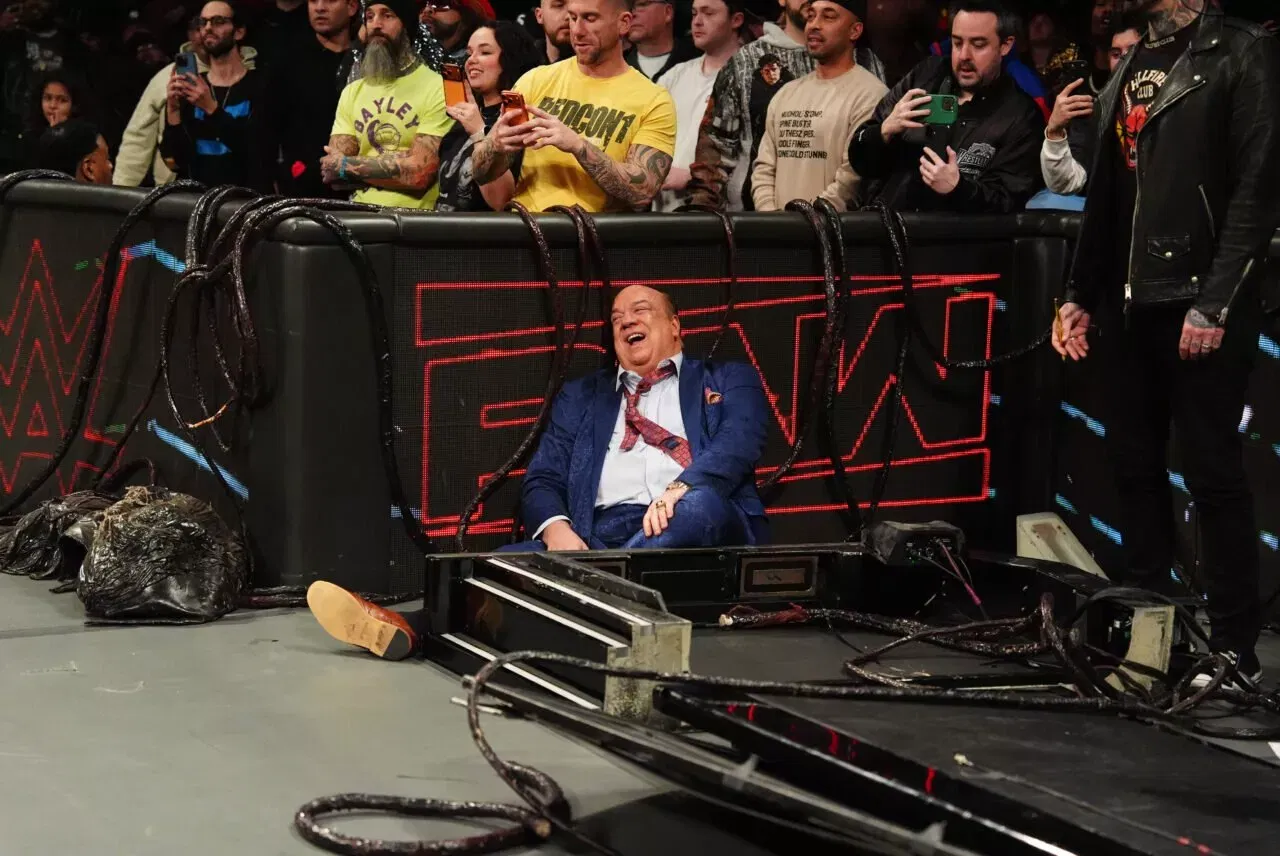 Paul Heyman reacts after being attacked by CM Punk during Monday Night WWE RAW