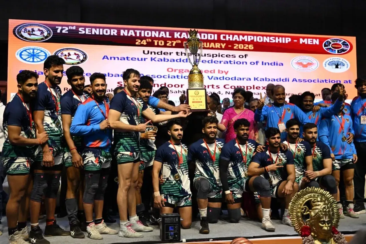 Indian Railways trophy lifting moment in the 72nd Senior National Men's Kabaddi Championship 2026