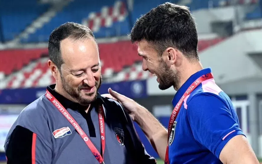 NorthEast United FC head coach Juan Pedro Benali and Odisha FC captain Carlos Delgado