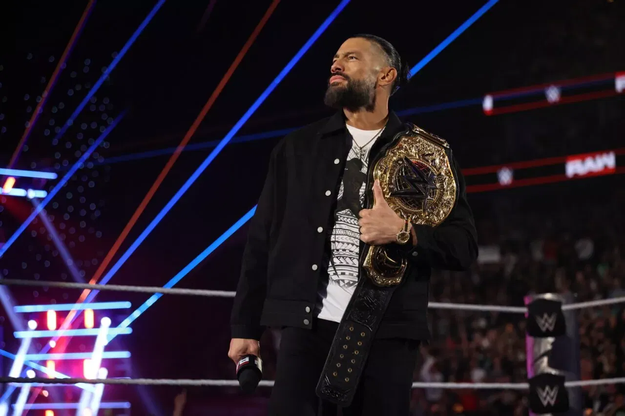Roman Reigns enters the arena during Monday Night RAW at T-Mobile Arena on April 20, 2026 in Las Vegas, Nevada. (Photo by Melina Pizano/WWE Via Getty Images)