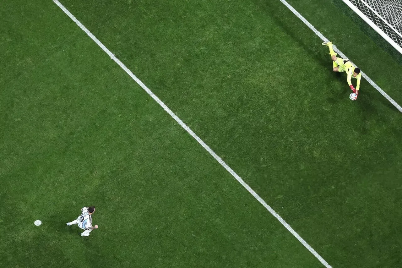 ATLANTA, GEORGIA - JULY 07: Mostafa Shoubir #23 of Egypt makes a save a penalty by Lionel Messi #10 of Argentina during the FIFA World Cup 2026 Round of 16 match between Argentina and Egypt at Atlanta Stadium on July 07, 2026 in Atlanta, Georgia. (Photo by Dan Mullan/Getty Images)