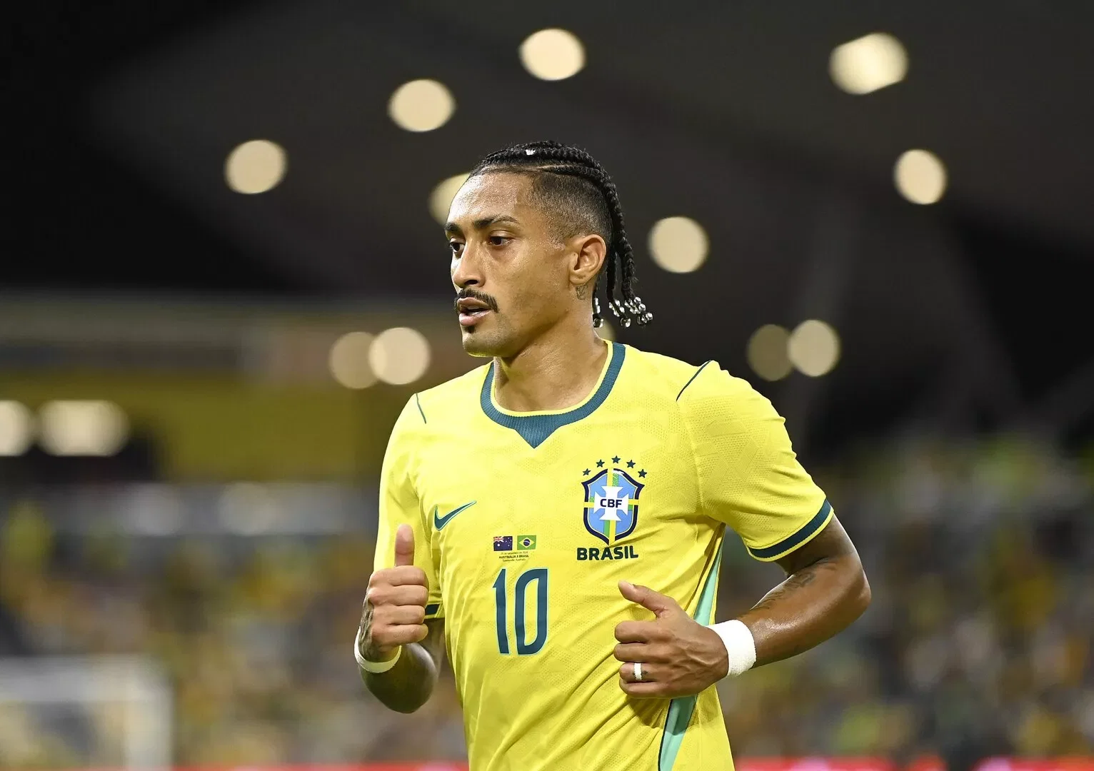 TOWNSVILLE, AUSTRALIA - SEPTEMBER 25: Raphinha of Brazil runs during the International Friendly match between Australia Socceroos and Brazil at Queensland Country Bank Stadium on September 25, 2026 in Townsville, Australia. (Photo by Ian Hitchcock/Getty Images)